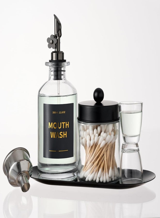 MUVEKA Glass Mouthwash Dispenser Bottle for Bathroom, 11.8oz Mouthwash Decanter with Auto Spout, Stianless Steel Tray, Refillable Cups, Silicone Strips, Reusable Funnel, Golden Stickers, Qtip Holder - Image 1